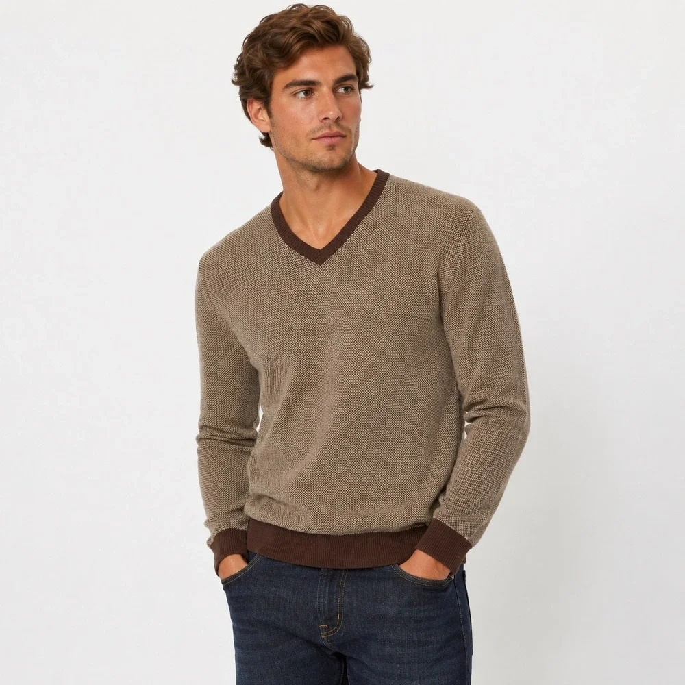 VTG Polo Ralph Lauren Mens Brown Tan 100% Silk V-Neck Knit Sweater Small